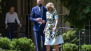 US President Joe Biden and First Lady Jill Biden visit former President Jimmy Carter and Rosalynn Carter at their home in Plains, Georgia, USA, on April 29, 2021