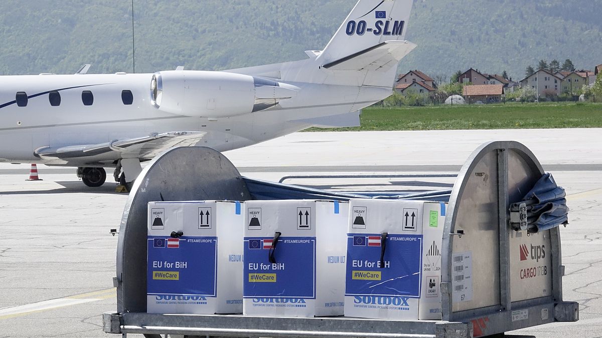 A container with boxes of the Pfizer/BioNTech coronavirus vaccine at Sarajevo Airport in Bosnia.