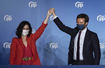 Isabel Diaz Ayuso and Pablo Casasdo, pictured after the former won Madrid's early election last year.