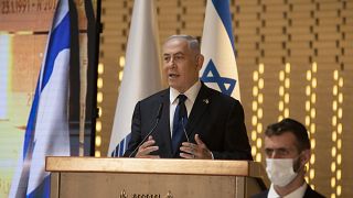 In this Wednesday, April 14, 2021 file photo, Israeli Prime Minister Benjamin Netanyahu speaks at a Memorial Day ceremony at the military cemetery at Mount Herzl, Jerusalem.