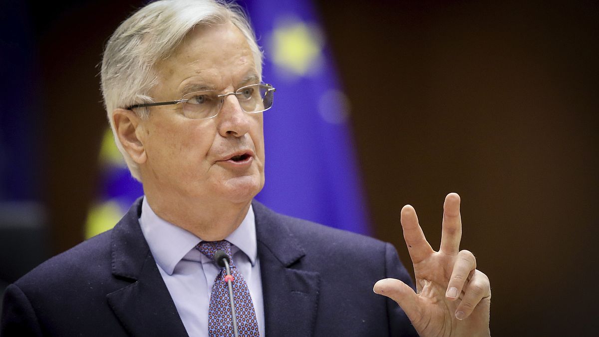 Michel Barnier speaks during a debate on the EU-UK trade and cooperation agreement at the European Parliament in Brussels, April 27, 2021. 