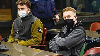 Gabriel Natale-Hjorth, left, and co-defendant Finnegan Lee Elder sit during a break in a hearing of their trial in March 2021