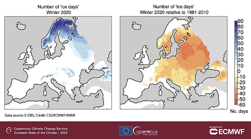 Nombre de jours durant lesquels la température maximale quotidienne est restée en dessous de 0 °C (journées sans dégel), au cours de l’hiver 2020 (à gauche) et comparé à la période de référence 1981-2020 (à droite).