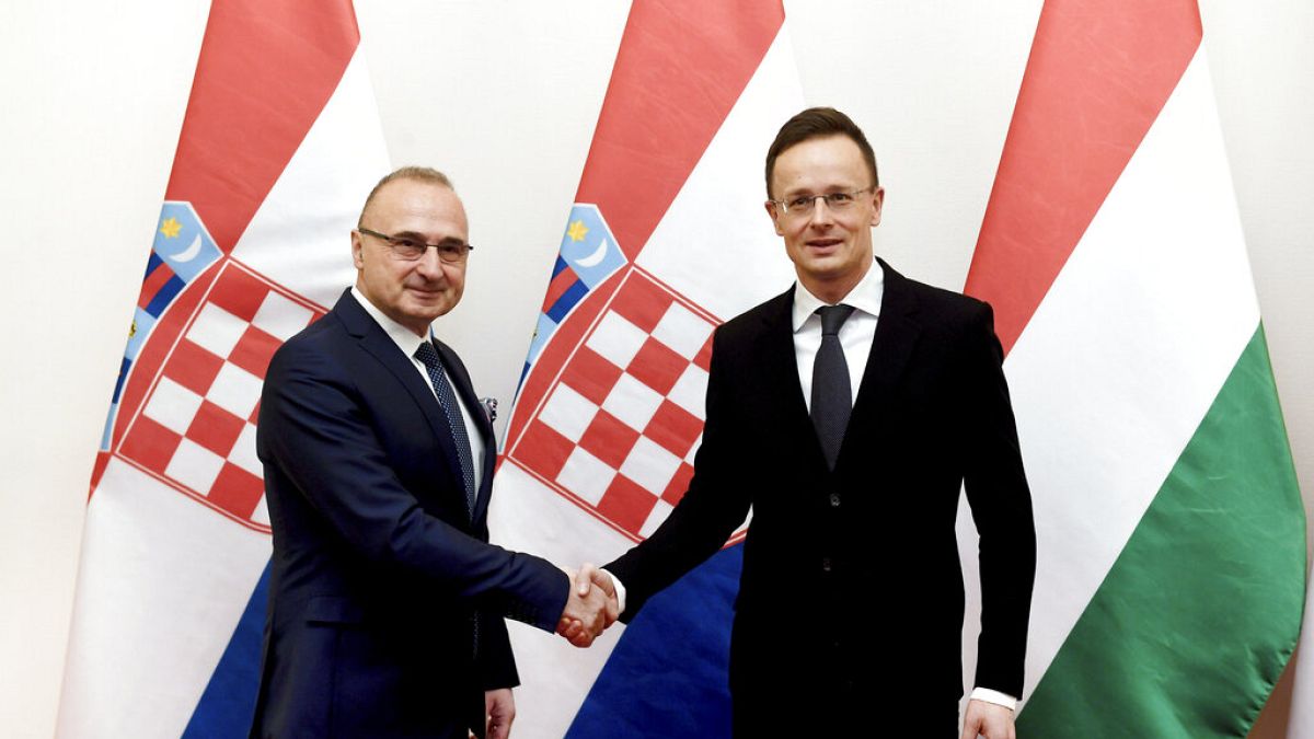 Szijjártó Péter és a horvát külügyminiszter, Gordan Grlic Radman egy 2020-as találkozón kezet fognak. 