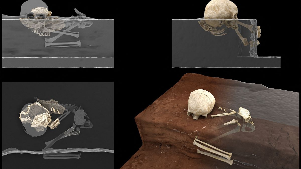 This handout computer-generated image released on May 4, 2021 by the CNRS-University of Bordeaux, shows the remains of a 3-year-old child named by the scientists "Mtoto"