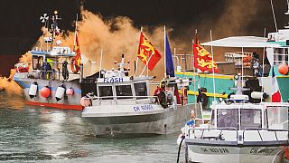 Fishing vessels at sea off the coast of Jersey, Thursday, May 6, 2021. French fishermen angry over loss of access to waters off their coast have gathered their boats in protes