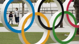 A display of the Olympic rings at the Japan Olympic Museum in Tokyo.