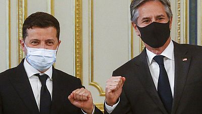 U.S. Secretary of State Antony Blinken, right, and Ukrainian President Volodymyr Zelenskyy pose for a photo after their talks in Kyiv, Ukraine