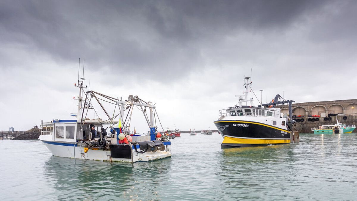 French fishing vessels block the port of St Helier in Jersey on Thursday, May 6.