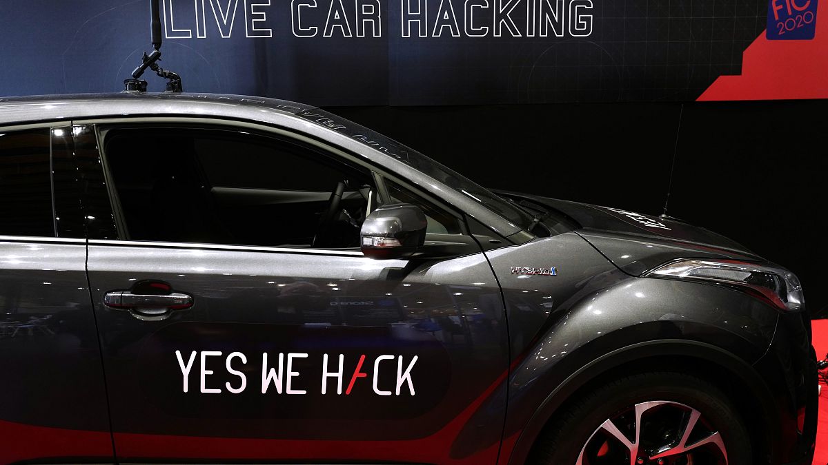 A Toyota Hybrid during a test for hackers at the Cybersecurity Conference in Lille, northern France, Wednesday Jan. 29, 2020