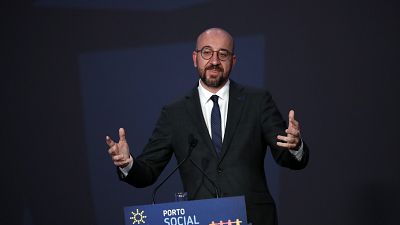 European Council President Charles Michel speaks during the closing ceremony of the EU summit at the Alfandega do Porto Congress Center in Porto, Portugal, Friday, May 7, 2021 European Council President Charles Michel speaks during the closing ceremony of the EU summit at the Alfandega do Porto Congress Center in Porto, Portugal, Friday, May 7, 2021