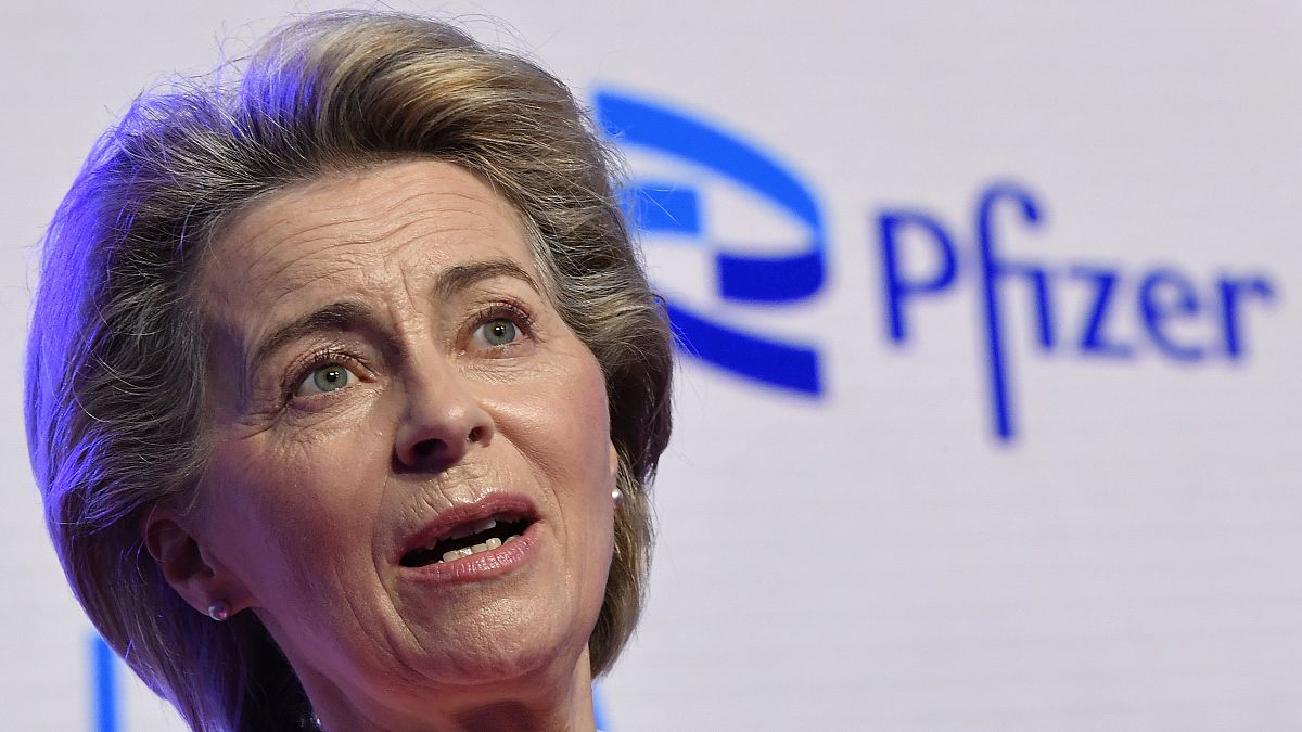 FILE - In this April 23, 2021 photo, European Commission President Ursula von der Leyen makes a statement during an official visit to Pfizer in Puurs, Belgium.  
