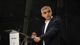 Re-elected Mayor of London Sadiq Khan holds a speech after the result declaration at City Hall, in London, Saturday, May 8, 2021.