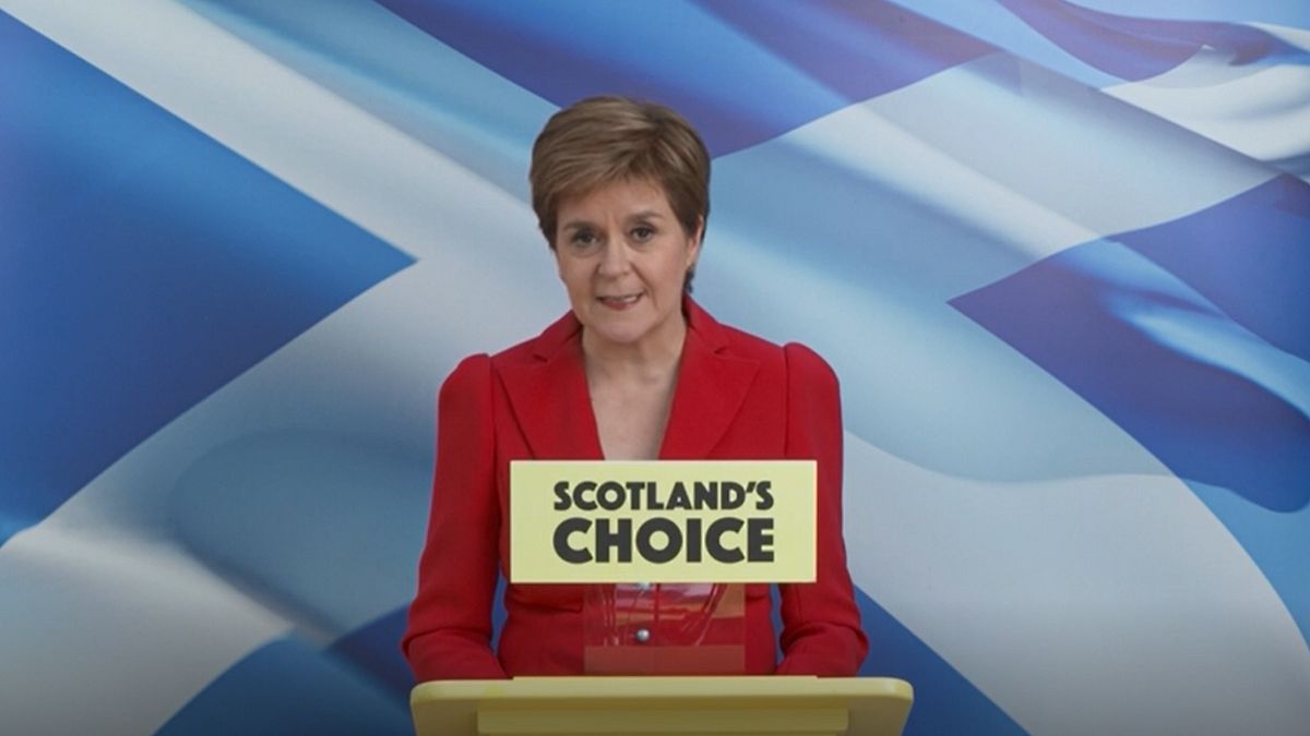 Scotland's First Minister Nicola Sturgeon speaking on Saturday after her landslide victory was confirmed