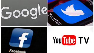 This photo combo of images shows, clockwise, from upper left: a Google sign, the Twitter app, YouTube TV logo and the Facebook app.