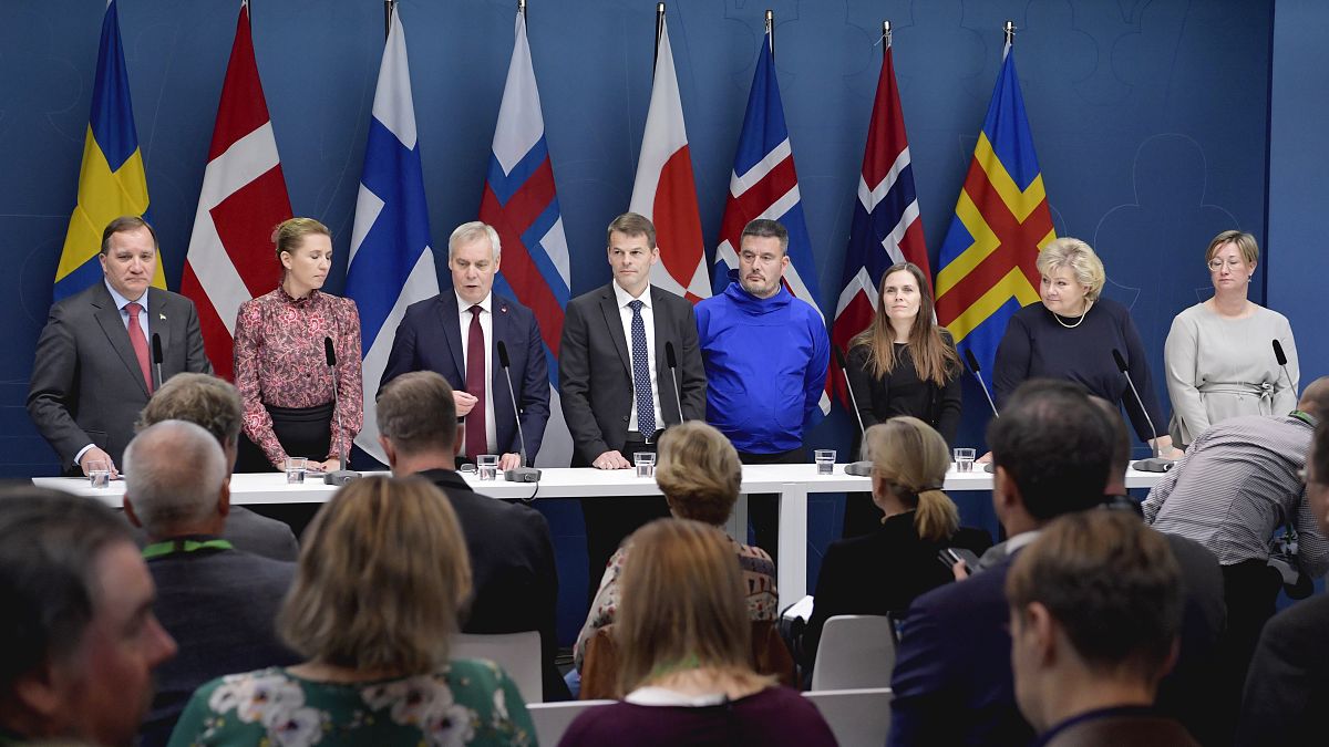 Members of the Nordic Council speak at a press conference after a 2019 Session at the Swedish Government headquarters Rosenbad in Stockholm.