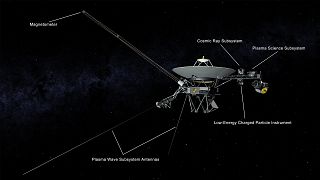 Illustration of NASA's Voyager spacecraft showing the antennas used by the Plasma Wave Subsystem and other instruments.