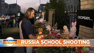 Makeshift memorial outside school 175 in Kazan, Russia.