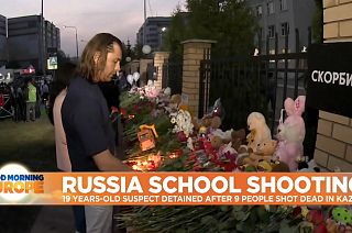 Makeshift memorial outside school 175 in Kazan, Russia.