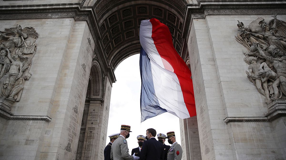 Эммануюль Макрон, Франсуа Лекуантр и французские генералы у Триумфальной арки в Париже 8 мая 2021