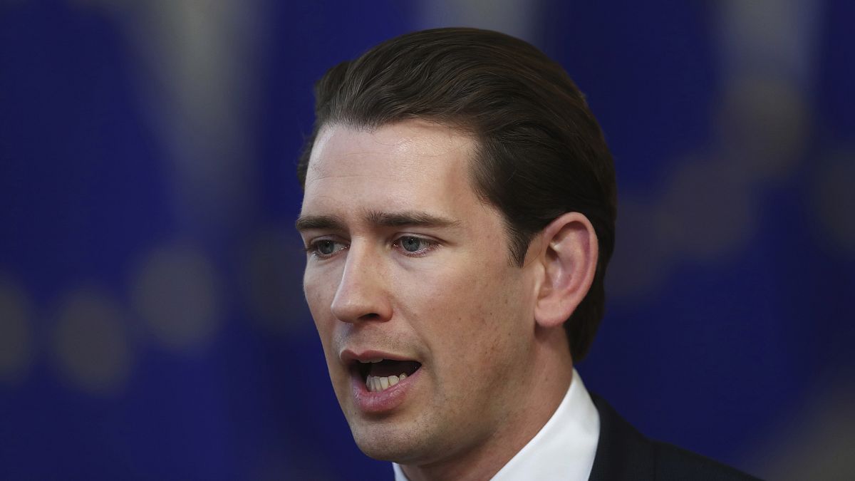 FILE: Austrian Chancellor Sebastian Kurz speaks with the media as he arrives for an EU summit in Brussels, Thursday, March 21, 2019.