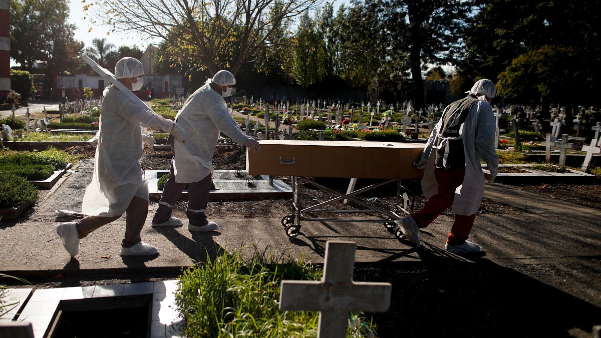 Cemetery workers push the coffin of a COVID-19 victim at a cemetery in Buenos Aires, Argentina, May 8, 2021. 