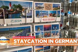Postcards stand in seaside resort in Northern Germany.