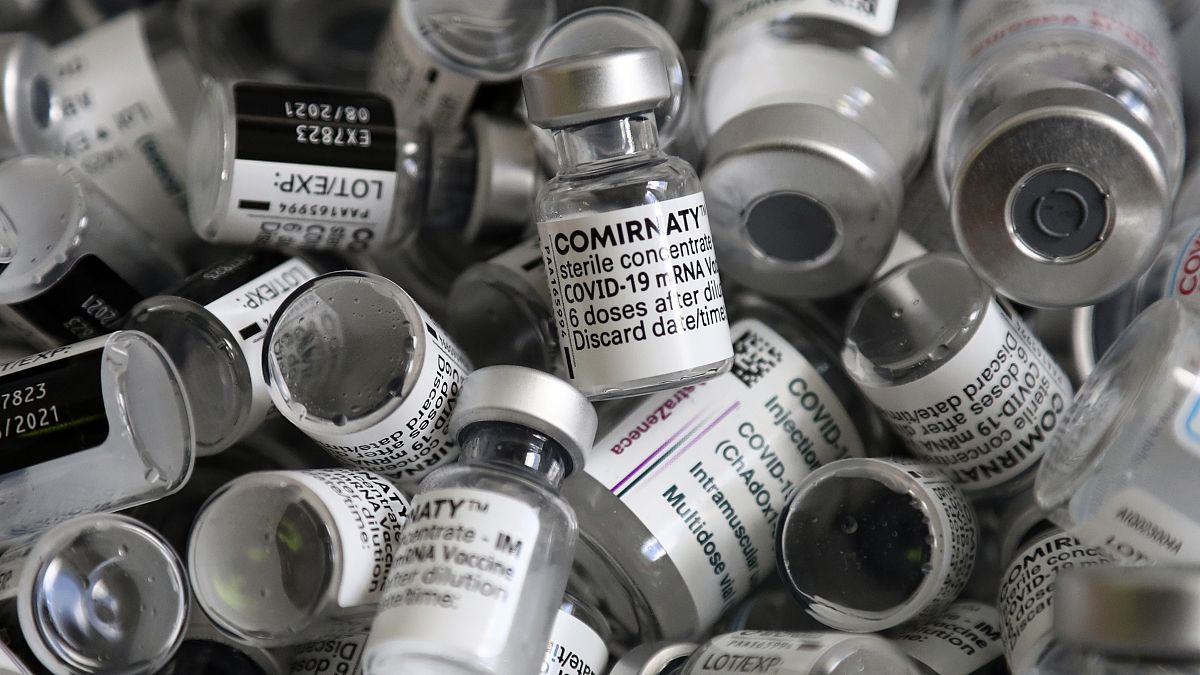 Empty vials of the Pfizer-BioNTech COVID-19 vaccine during a vaccine campaign at the Vaccine Village in Ebersberg near Munich, Germany, May 15, 2021.