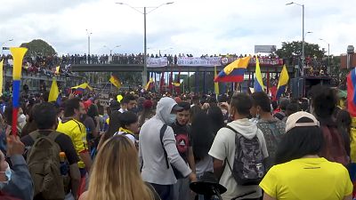 Demonstrators with Colombian flags.