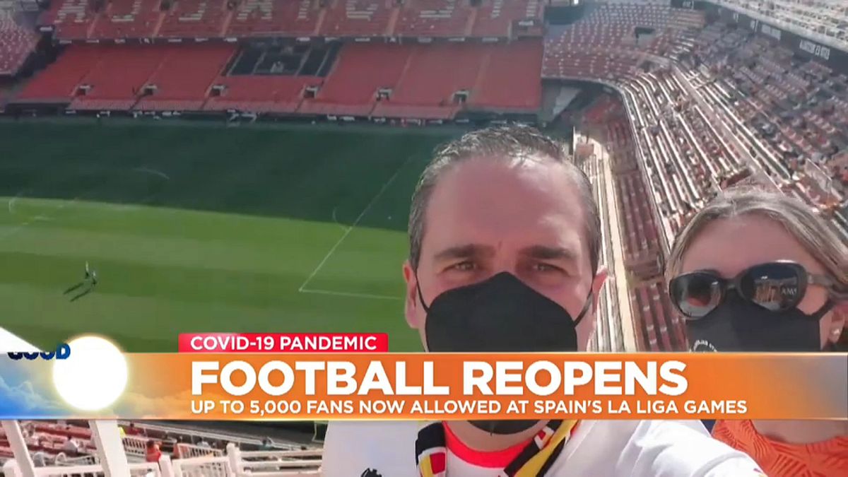 Football fans selfie at empty stadium in Valencia, Spain.