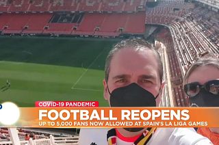 Football fans selfie at empty stadium in Valencia, Spain.