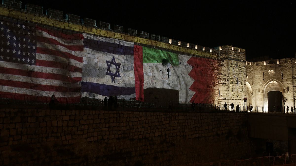 أعلام الولايات المتحدة وإسرائيل والإمارات والبحرين في القدس 