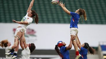 Gaelle Hermet of France catches the ball during a Women's Autumn Nations Cup rugby union international match against England on Nov. 21, 2020.