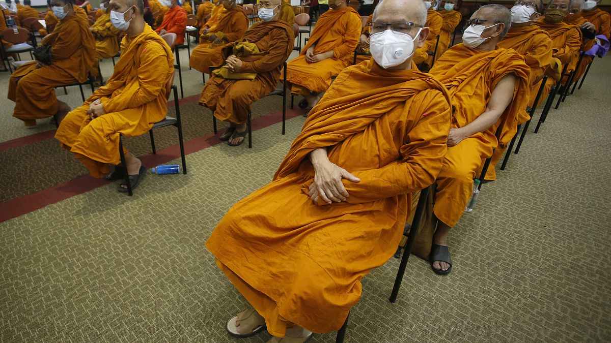 Buddhist monks wait to receive Sinovac COVID-19 vaccines at Priest hospital in Bangkok, Thailand Tuesday, May 18 , 2021.