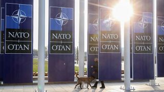 A security officer walks with a sniffer dog ahead of a NATO Foreign Ministers' meeting at the Alliance's headquarters in Brussels, on March 23, 2021.