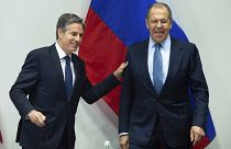 U.S. Secretary of State Antony Blinken, greets Russian Foreign Minister Sergey Lavrov