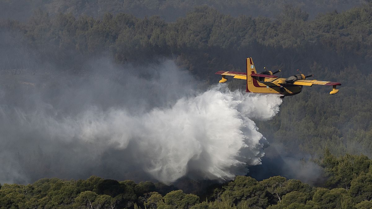A firefighting airplane drops water near the village of Alepochori, Greece, Friday, May 21, 2021.