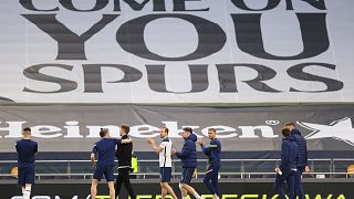 Tottenham Hotspur players at the end of their English Premier League match against Aston Villa at the Tottenham Hotspur Stadium in London, May 19, 2021. 