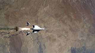This image shows the release of VSS Unity from VMS Eve and ignition of rocket motor over Spaceport America, N.M.