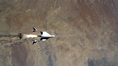 This image shows the release of VSS Unity from VMS Eve and ignition of rocket motor over Spaceport America, N.M. This image shows the release of VSS Unity from VMS Eve and ignition of rocket motor over Spaceport America, N.M.