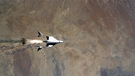 This image shows the release of VSS Unity from VMS Eve and ignition of rocket motor over Spaceport America, N.M.