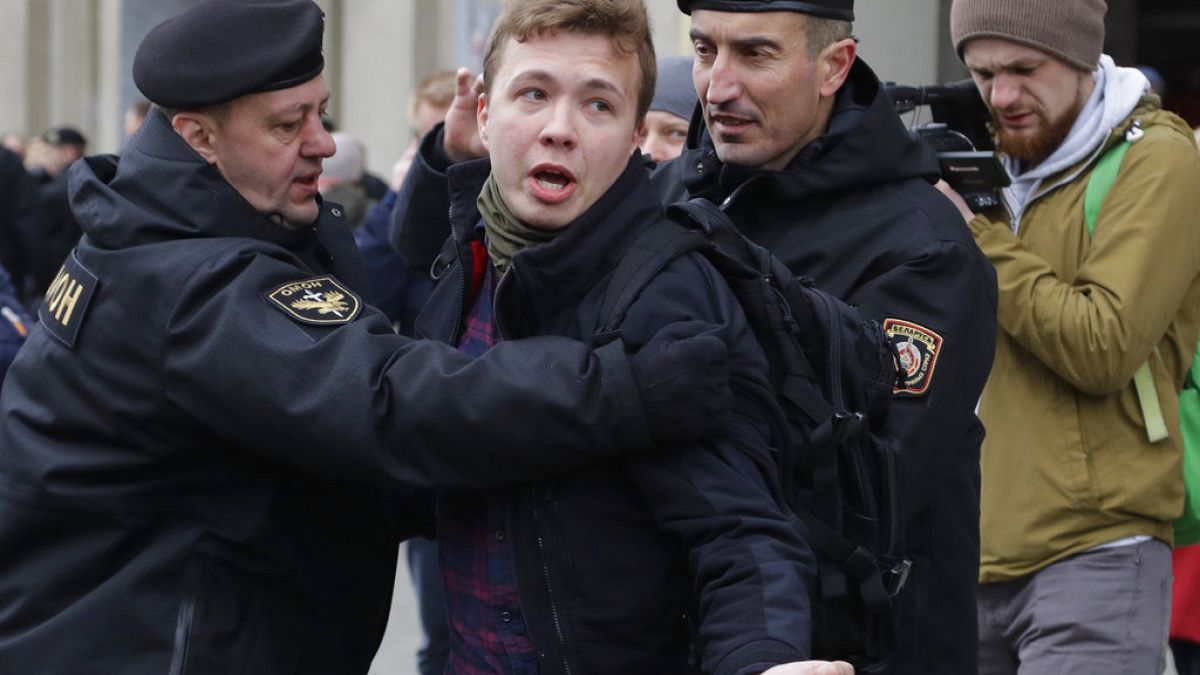 Belarus police detain journalist Roman Protasevich in Minsk, Belarus, Sunday, March 26, 2017