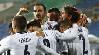 Italy celebrates Manuel Locatelli's goal during their 2022 FIFA World Cup qualifying match against Bulgaria.