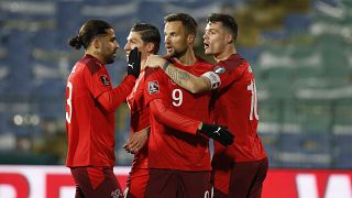 Switzerland celebrates Haris Seferovic's goal during their 2022 FIFA World Cup qualifying match against Bulgaria.