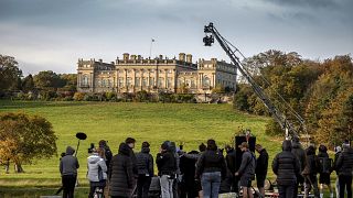 Cast and crew of Downton Abbey filming on location at Harewood House in Surrey, UK