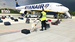 In this photo provided by ONLINER.BY, Ryanair plane SP-RSM, diverted Minsk International airport, Sunday, May 23, 2021..