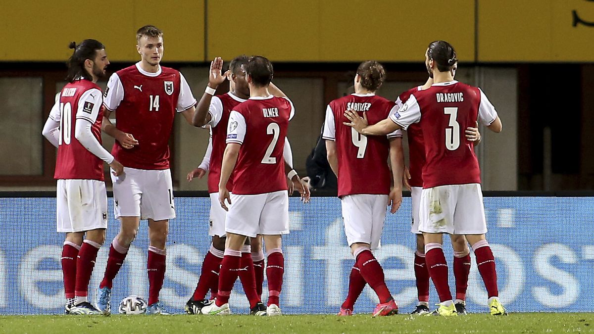 Austria's players react during their 2022 FIFA World Cup qualifying match against the Faroe Islands.