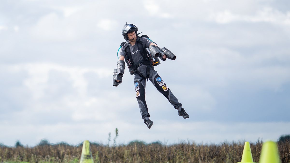 A pilot tests Gravity Industry's engine-powered jetsuit.