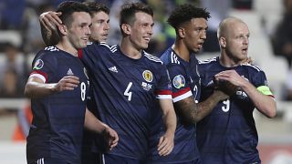 Scotland's players celebrate during their UEFA Euro 2020 qualifying match against Cyprus in November 2019.