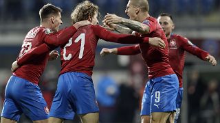 Czech Republic's players celebrate during the UEFA Euro 2020 qualifying match against Kosovo in November 2019.